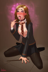 blush breasts brown_hair femsub glowing glowing_eyes harry_potter_(series) hermione_granger incase long_hair magic magic_wand open_clothes pantyhose school_uniform skirt symbol_in_eyes tie tongue tongue_out western