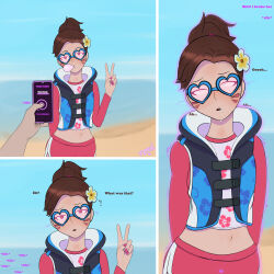 absurdres beach before_and_after brown_hair crossed_eyes d.va dazed drool femsub glasses hypnotic_app m00n_key overwatch pink_eyes shorts speech_bubble text