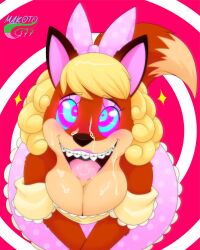  aged_up animal_ears blonde_hair bow braces chicken_little cleavage cum cum_on_body cum_on_face disney dress eyelashes foxy_loxy furry happy_trance kaa_eyes lobotomy makeup makoto177 multicolored_eyes open_mouth smile spiral_background stepfordization symbol_in_eyes tagme tongue_out watermark 