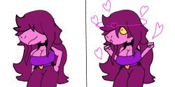  before_and_after belt breasts cleavage clothed collar deltarune dinosaur_girl female_only femsub hair_covering_both_eyes hand_on_hip heart_eyes large_breasts lizard_girl long_hair magic open_mouth pink_skin purple_hair simple_background sluttybasil standing susie_(deltarune) symbol_in_eyes tagme white_background yellow_sclera 