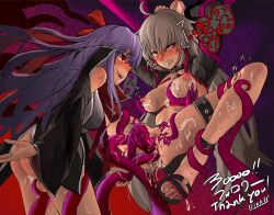 alternate_costume ass bb_(fate/extra_ccc) blush bondage breast_fondling corruption defeated dikko english_text evil_smile fate/extra_ccc fate/grand_order fate_(series) femdom femsub grey_hair groping holding_breasts hypnotized_dom japanese_text jeanne_alter long_hair nyarlathotep possession purple_hair pussy pussy_juice red_eyes restrained sandals smile source_request tentacle_sex tentacles text thought_bubble translation_request yellow_eyes