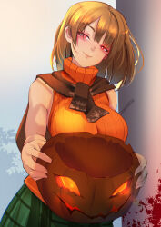  animahakim ashley_graham blonde_hair blood clothed corruption femsub glowing_eyes halloween jack_o&#039;_lantern large_breasts pumpkin red_eyes resident_evil resident_evil_4 scarf skirt smile sweater tagme 