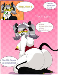  alternate_costume apple ass bare_shoulders black_lipstick breast_expansion breasts confused dialogue english_text femsub food grey_hair heart huge_ass kneeling lipstick looking_at_viewer maid maid_headdress makeup murder_drones nipples serial_designation_j shellstro sitting speech_bubble spiral_eyes symbol tail text 