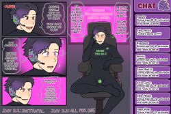  before_and_after bodysuit bulge chair dialogue drone dronification evil_smile felix_borealis glowing_eyes happy_trance hypno_neet hypnotic_screen hypnotized_hypnotist hypnovember latex livestream male_only maledom malesub mass_hypnosis microphone open_mouth original pink_eyes simple_background sitting smile speech_bubble text unaware 