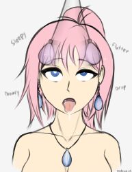 absurdres ahoge blue_eyes cleavage crystal crystal_(zko) drool earrings femsub humor jewelry nettleseeds open_mouth original pendulum pink_hair pocket_watch ponytail short_hair solo text tongue tongue_out
