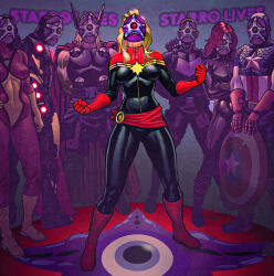 alien black_hair black_widow blonde_hair bodysuit boots breasts captain_america captain_marvel crossed_eyes crossover dc_comics drool femsub gloves hand_on_hip hawkeye iron_man long_hair malesub manip marvel_comics mesmercomics multiple_boys multiple_girls multiple_subs parasite red_hair resisting shield spider-woman standing starro super_hero text thor