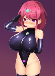 alternate_costume asu_to barcode bare_shoulders blush boots breasts crotch_tattoo empty_eyes erect_nipples erect_nipples_under_clothes expressionless eye_roll female_only femsub gloves gradient_background hair_ornament huge_breasts jewelry leotard nintendo opera_gloves pink_eyes pyra_(xenoblade) red_hair saluting short_hair simple_background solo standing standing_at_attention thigh_boots thighhighs thighs unhappy_trance xenoblade_chronicles xenoblade_chronicles_2