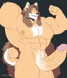 abs bottomless brown_hair dog_boy erection flexing furry growth happy_trance himbofication large_balls large_penis malesub melaisen muscle_boy nude penis solo spiral_eyes symbol_in_eyes topless very_long_hair