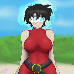belt black_hair clothed dragon_ball dress female_only femsub happy_trance hypnovember m00n_key short_hair smile spiral_eyes standing videl visor