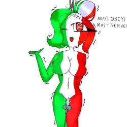  countryhumans green_hair green_lipstick green_skin italy_(countryhumans) red_eyes red_hair red_skin robotization spiral_eyes vibrator white_hair white_skin 