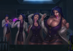  barretxiii before_and_after bimbofication blue_hair breast_expansion breasts cleavage doctor happy_trance huge_breasts hypnotic_drink hypnotic_drug lab_coat large_lips lipstick long_hair muscle_girl open_clothes open_mouth original scientist tech_control torn_clothes transformation western 