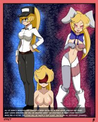 before_and_after blonde_hair clothed_exposure comic drool empty_eyes female_only femsub five_nights_at_freddy's five_nights_at_freddy's:_security_breach idpet nude ponytail split_personality spread_legs tech_control text trigger vanessa_(five_nights_at_freddy's) vanny visor