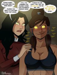  abs asami_sato avatar_the_last_airbender black_hair breasts brown_hair cleavage dark_skin dialogue english_text female_only femsub happy_trance korra legend_of_korra long_hair mantra nipples polmanning red_lipstick signature smile speech_bubble spiral_eyes symbol_in_eyes text yellow_eyes 