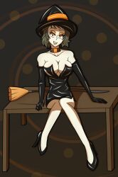  bare_legs bare_shoulders black_hair breasts cleavage collar empty_eyes female_only femsub gloves halloween high_heels hy2300 knees_together latex looking_at_viewer persona_(series) persona_5 sadayo_kawakami short_hair smile solo tech_control witch witch_hat 