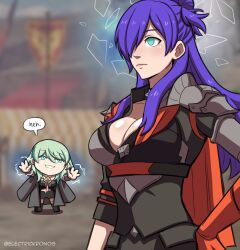 armor blue_eyes breasts byleth_eisner cleavage clothed dialogue electrickronos empty_eyes expressionless female_only femdom femsub fire_emblem fire_emblem_three_hopes fire_emblem_three_houses hair_covering_one_eye hand_on_hip large_breasts long_hair magic nintendo purple_hair shez_(fire_emblem) smile smirk speech_bubble text 