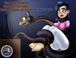  barefoot blue_hair bondage coils computer eyebrows_visible_through_hair femsub glitch_techs headphones humor kaa kaa_eyes lipstick maledom mayumi_kubota_(glitch_techs) ordeper_arts pants shirt short_hair signature sitting snake text the_jungle_book 