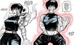  black_hair clothed dialogue english_text female_only femsub ghost jujutsu_kaisen maki_zenin masturbation possession red_eyes scars solo text tongue tongue_out traner9 