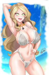 beach bikini_bottom bikini_top blonde_hair blush breasts cleavage collar diana_cavendish eyeshadow female_only femsub glowing glowing_eyes happy_trance huge_breasts large_hips little_witch_academia long_hair looking_at_viewer manip misterman4_(manipper) necklace nez-box open_mouth original smile spiral_eyes swimsuit symbol_in_eyes tagme
