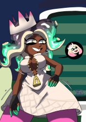 absurdres alternate_costume breasts cleavage clothed costume crown dark_skin dress eyelashes female_only femdom femsub fingerless_gloves gloves hand_on_hip hexside large_breasts marina_(splatoon) mole nintendo pearl_(splatoon) smile splatoon splatoon_2 story tentacles zipper