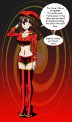  brown_hair cleavage clothed crop_top english_text expressionless female_only femsub hat hy2300 lipstick long_hair midriff navel politics saluting shorts speech_bubble spiral_eyes standing text thigh_boots 