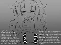  breasts female_only greyscale himesamamimi long_hair sling_bikini spiral spiral_eyes sweater tagme text 