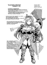 armor breasts character_profile drill_hair dwarf dwarf_girl fan_no_hitori female_only hard_translated hypno_app_fantasia klausella_eisenfaust princess shortstack text translated weapon
