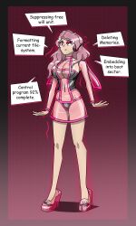  black_clover cleavage clothed collarbone empty_eyes english_text eyeshadow feet female_only fembot femsub headphones huge_breasts hy2300 instant_loss lipstick long_hair navel pink_eyes pink_hair robotic_trance see-through simple_background speech_bubble standing tech_control text vanessa_enoteca 
