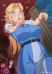 a_link_to_the_past agahnim blonde_hair blush dress elf_ears femsub gloves glowing_eyes large_breasts long_hair m4ns0n magic maledom nintendo open_mouth princess princess_zelda ring_eyes the_legend_of_zelda zombie_walk