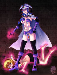  aura aware bare_legs bare_shoulders barefoot blonde_hair blue_hair blush body_control corruption crazyglitch dark_goddess embarrassed evil_smile eye_color_change feet female_only femdom femsub foot_licking foot_worship goddess humiliation hypnotic_magic hypnotized_dom legs long_hair luna_noa lunar_(game) magic midriff navel royce_(lunar) short_hair smile tears tongue tongue_out yuri 