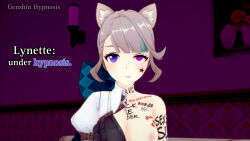 animal_ears black_background body_writing breasts clothed dannos english_text eye_roll female_only femsub genshin_impact grey_hair lynette_(genshin_impact) nipples nude pink_eyes purple_eyes short_hair simple_background solo text