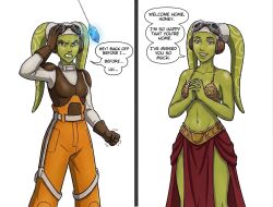  ai_art alien_girl before_and_after clothed comic crystal dialogue domestication english_text femsub gloves glowing goggles green_skin harem_outfit hera_syndulla midriff navel pants pendulum simple_background slave_bikini speech_bubble star_wars text white_background will2300_(generator) 