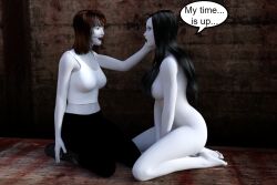 3d black_hair bottomless breasts brown_hair clockwork creepypasta dialogue female_only femdom femsub goth jane_the_killer long_hair nude spiral_eyes symbol_in_eyes text theheckle topless yuri