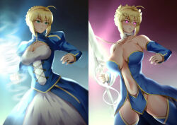 ahoge artoria_pendragon artoria_pendragon_(lancer) before_and_after blonde_hair blush breast_expansion breasts chains cleavage collar corruption fate/stay_night fate_(series) female_only femsub glowing glowing_eyes gradient_background hadant heart heart_eyes large_breasts leash saber short_hair solo sword symbol_in_eyes tattoo transformation