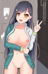  an_shiraishi black_hair blush breasts cleavage collarbone empty_eyes erect_nipples female_only femsub hellz_(provisional) large_breasts long_hair navel open_mouth orange_eyes project_sekai solo v 