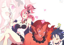 bare_legs bare_shoulders blue_hair charm_(spell) confused crossed_legs demon_boy demon_girl disgaea disgaea_5 drool elf_ears femdom glowing_eyes gojulas gun happy_trance heart heart_eyes horns human_furniture hypnotic_gun hypnovember killia legs long_hair malesub one_eye_open pink_eyes pink_hair red_hair red_magnus seraphina short_hair sitting smile symbol symbol_in_eyes tagme thighs weapon wink