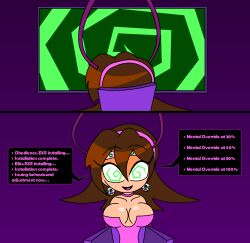 brown_hair comic earrings femsub green_eyes happy_trance headband hypnoscream hypnotic_screen megaman_(series) megaman_legends_(series) spiral spiral_eyes tech_control text tron_bonne 