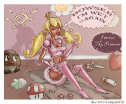 age_regression blonde_hair bowser cleavage crown dark_skin dialogue diaper femsub gloves goomba jewelry lilith-fetish maledom midriff nintendo pacifier princess princess_peach super_mario_bros. tears text thighhighs twintails urination