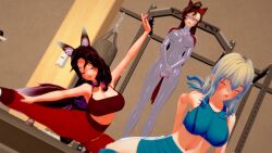  3d aware blake_(blakiee) blonde_hair blue_eyes blue_hair blush bodysuit brown_hair charlotte_(milena) collar crop_top cybus_industries doctor_who_(series) drone exercise female_only femsub flower flower_in_hair fox_ears fox_girl glasses green_eyes happy_trance kitsune_girl koikatsu! latex lipstick liz_(blakiee) milena navel original pink_hair red_hair shark_girl sportswear standing_at_attention tech_control wolf_girl 