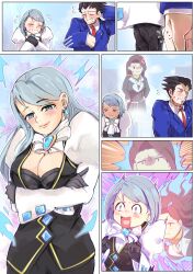 ace_attorney aura before_and_after black_hair blue_hair blush breast_expansion breasts brown_hair capcom chaos_unknown_creature cleavage comic embarrassed femdom femsub floating franziska_von_karma fusion ghost gloves green_eyes happy_trance long_hair looking_at_viewer mia_fey phoenix_wright possession short_hair smile suit surprised