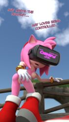  3d amy_rose ass boots breasts caption furry gloves glowing hypnotic_accessory looking_at_viewer nude open_mouth outdoors pink_hair pussy red_dress sonic_the_hedgehog_(series) spiralrose23 tech_control text visor 