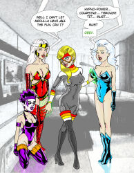 blonde_hair bodysuit boots breasts cameltoe cleavage crossover female_only femdom femsub glory glowing glowing_eyes green_eyes groping high_heels hypnotia image_comics kneeling magic marvel_comics mask mike184 multiple_girls multiple_subs open_mouth purple_hair riptide sketch standing standing_at_attention super_hero text thigh_boots traditional vogue white_hair whitewash_eyes youngblood_(series) yuri