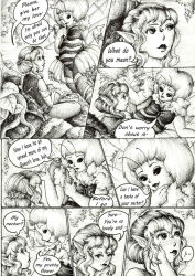 bee_girl blush breasts bug_girl comic elf elf_ears female_only honey justsketchingviolets large_breasts love_potion original smile text traditional
