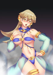 alexis_rhodes bare_shoulders blush bracelet breasts brown_hair cleavage female_only femsub gradient_background hadant happy_trance harem_outfit jewelry large_breasts long_hair looking_at_viewer midriff navel open_mouth see-through simple_background solo tenjouin_asuka thighs yellow_eyes yu-gi-oh! yu-gi-oh!_gx
