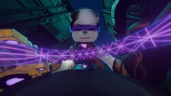  3d absurdres animal_ears belt clothed corruption earrings enemy_conversion evil_smile female_only femdom femsub flat_chest furry goggles goggles_on_head grey_hair grey_skin hypnotic_accessory hypnotized_hypnotist piercing pov pov_sub prosthetic_limb ratchet_and_clank rivet scarf short_hair solo tech_control tommy_swanson 
