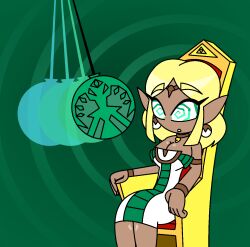 bare_shoulders choker cleavage dark_skin dazed elf_ears femsub green_background green_eyes hypnoscream nintendo pocket_watch princess_zelda ring_background sitting spiral_eyes spiralwash_eyes the_legend_of_zelda