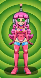 antenna birthday blush curvy fembot femsub happy_trance headphones high_heels latex leotard long_hair opera_gloves original pink_hair robotization smile spiral_background spiral_eyes spiralwash_eyes standing_at_attention supertechno324 symbol tech_control thigh_boots