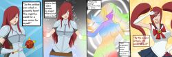 absurdres armor breasts comic erza_scarlet fairy_tail female_only femsub large_breasts long_hair magic magical_girl open_mouth pink_eyes red_hair signature skirt smile solo spiral spiral_eyes standing syas-nomis symbol_in_eyes text transformation twintails v