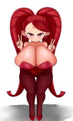  aware breasts bunnysuit cleavage double_v earrings female_only fishnets huge_breasts jewelry large_hips leotard long_hair looking_at_viewer manami_aiba my_hero_academia piercing red_eyes red_hair shortstack smile solo tights tuna twintails v 