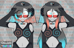  altrix_(altrixwrites) blue_hair bodysuit branded cartoonzombie choker cleavage collarbone deejay_(cartoonzombie) drone dronification earrings eyebrows_visible_through_hair female_only femsub game_controller glasses gloves grey_background grey_hair grey_skin hair_clips hair_covering_one_eye happy_trance heterochromia large_breasts lipstick long_hair looking_at_viewer midriff multicolored_hair multiple_girls multiple_subs navel nintendo nintendo_switch opera_gloves original red_hair saluting sideboob smile spiral_background spiralwash_eyes sunglasses symbol_in_eyes text veil wide_hips 