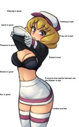  ahoge blonde_hair blush bra breasts caption caption_only cleavage danbooru_(manipper) domino_(pokemon) female_only femsub hat large_breasts looking_at_viewer maledom manip midriff monorus navel nintendo open_mouth pokemon pokemon_(anime) polishguy_(manipper) purple_eyes skirt solo team_rocket text thighhighs underwear undressing 